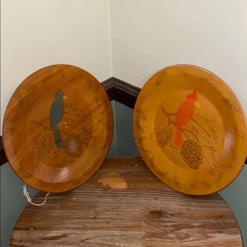 Vintage Painted‎  Wooden Red Bird Blue Bird  Plates Hand Painted